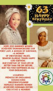 CONGRATULATIONS. SENATOR REMI TINUBU ON YOUR 63RD BIRTHDAY:* *Happy birthday to Senator Oluremi Tinubu, the first lady of Nigeria and a distinguished lawmaker.You are a woman of many achievements, a role modelfor many, and a source of inspiration for all. You have served your country with passion,integrity, and excellence, and you have made a positive impact on the lives of millions of Nigerians. You have shown remarkable leadership in the Senate, where you have championed various bills and motions that address the needs of your constituents and the nation at large. You have also been a voice for women empowerment,youth development, and social justice. You have demonstrated that you are not only a politician, but also a pastor, a writer,and a philanthropist. You have been a loving and supportive wife to President Bola Tinubu, and a caring mother to your children. You have balanced your family life and your public service with grace and wisdom. You have proven that you are indeed a virtuous woman who fears God and loves humanity. As you celebrate your 63rd birthday, we wish you good health, happiness, and more years of service to God and Nigeria. You are a blessing to us all, and we thank God for your life. Happy birthday, Senator Remi Tinubu!